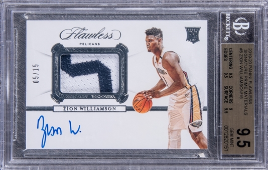 2019-20 Panini Flawless Signature Prime Materials #5 Zion Williamson Signed Patch Rookie Card (#05/15) - BGS GEM MINT 9.5/BGS 9